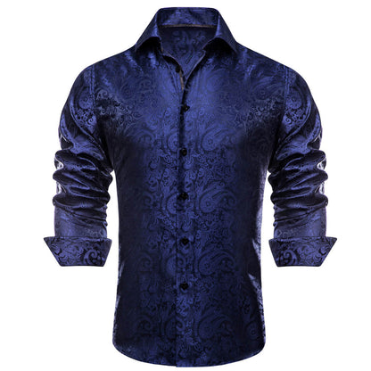 Navy Blue Paisley Silk Dress Shirt shirt    - Sophisticated Gentlemen