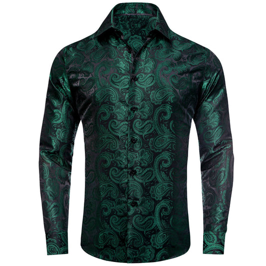 Black Green Paisley Men's Silk Dress Shirt shirt S   - Sophisticated Gentlemen