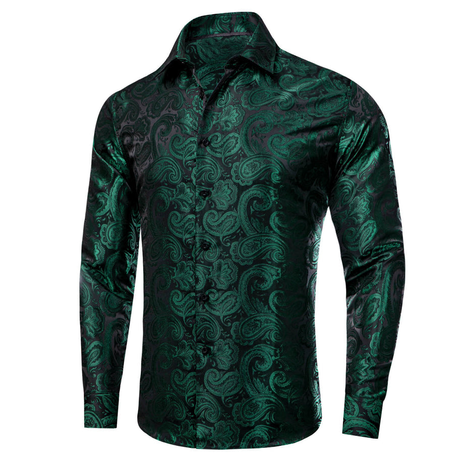 Black Green Paisley Men's Silk Dress Shirt shirt    - Sophisticated Gentlemen
