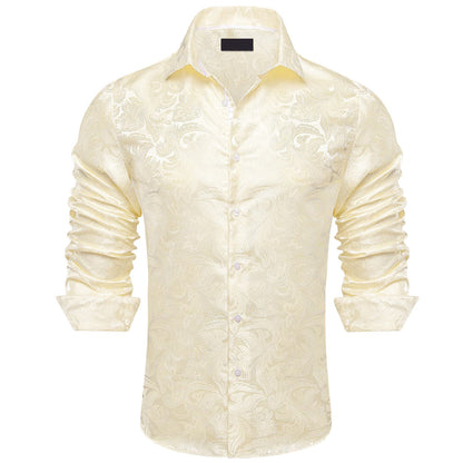 Linen White Floral Silk Dress Shirt shirt    - Sophisticated Gentlemen