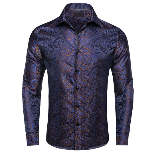 Navy Blue Brown Silk Dress Shirt shirt S   - Sophisticated Gentlemen