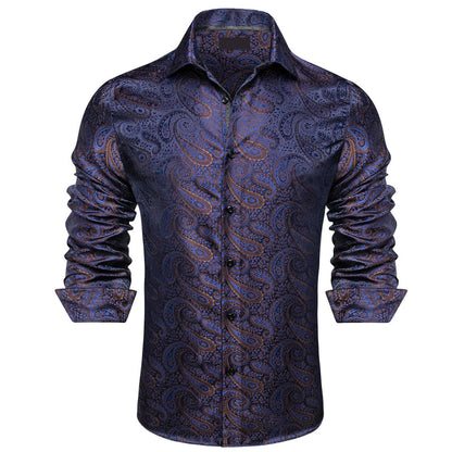 Navy Blue Brown Silk Dress Shirt shirt    - Sophisticated Gentlemen