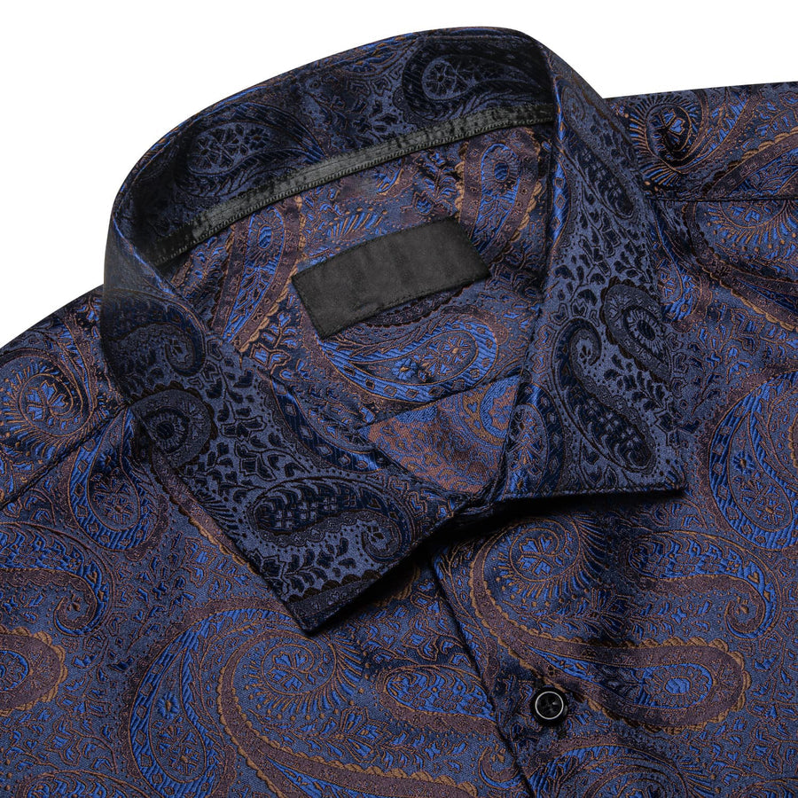 Navy Blue Brown Silk Dress Shirt shirt    - Sophisticated Gentlemen