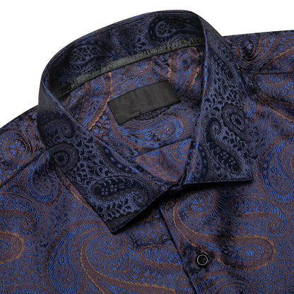 Navy Blue Brown Silk Dress Shirt shirt    - Sophisticated Gentlemen