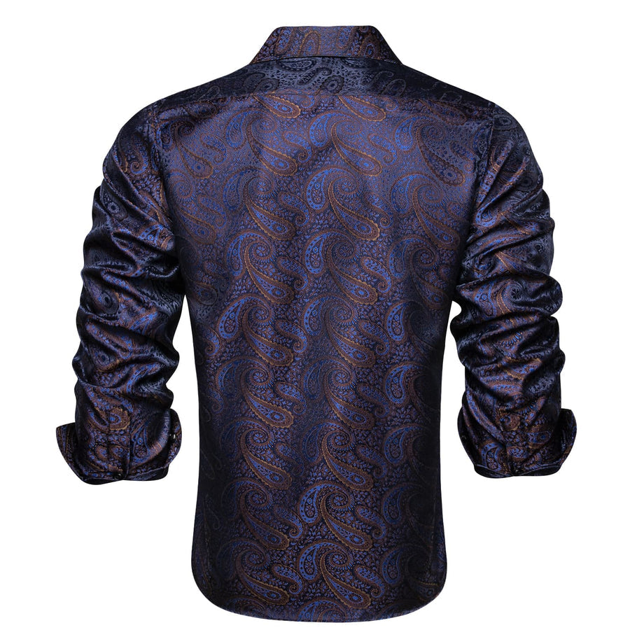 Navy Blue Brown Silk Dress Shirt shirt    - Sophisticated Gentlemen