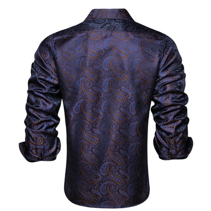 Navy Blue Brown Silk Dress Shirt shirt    - Sophisticated Gentlemen