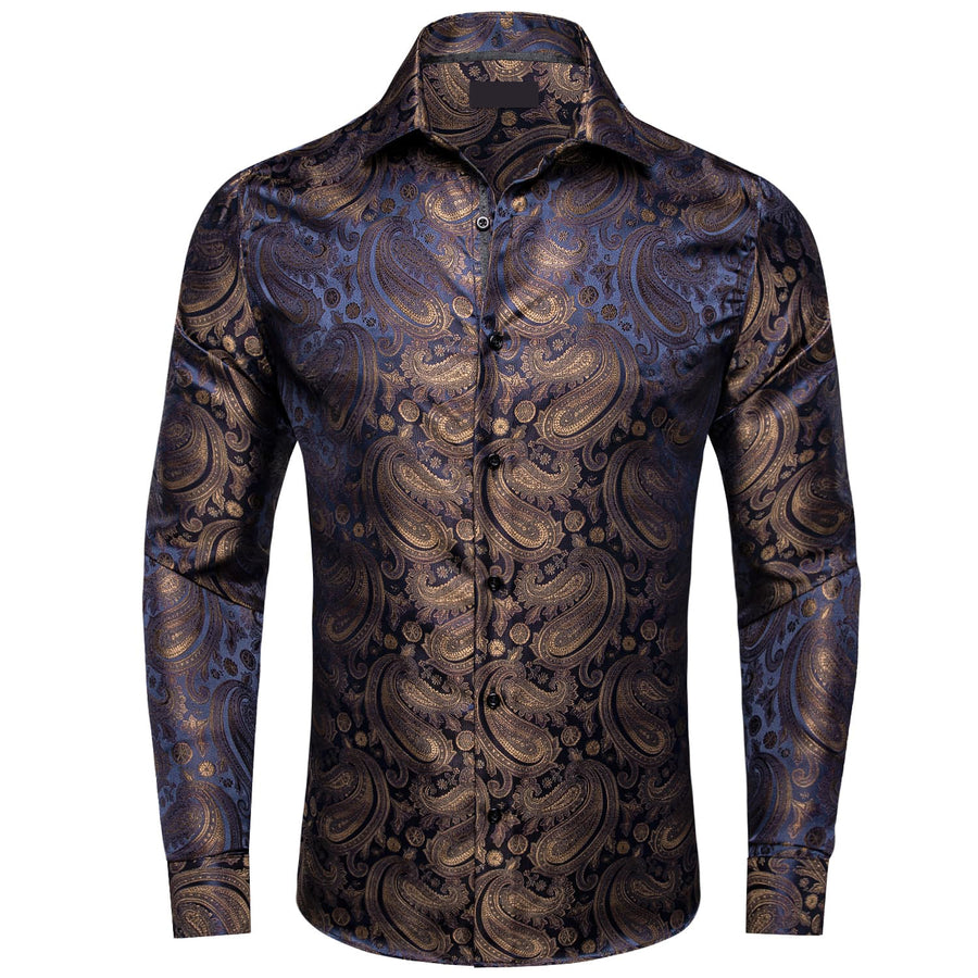 Brown Blue Jacquard Paisley Silk Dress Shirt shirt S   - Sophisticated Gentlemen