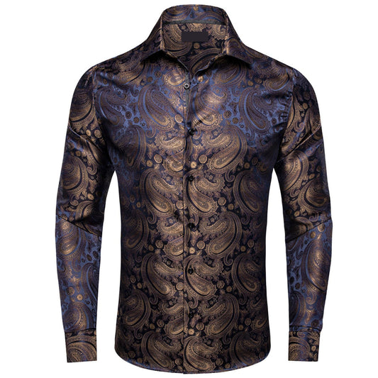 Brown Blue Jacquard Paisley Silk Dress Shirt shirt S   - Sophisticated Gentlemen