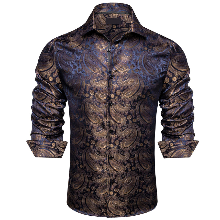 Brown Blue Jacquard Paisley Silk Dress Shirt shirt    - Sophisticated Gentlemen