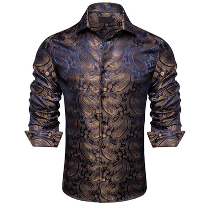 Brown Blue Jacquard Paisley Silk Dress Shirt shirt    - Sophisticated Gentlemen