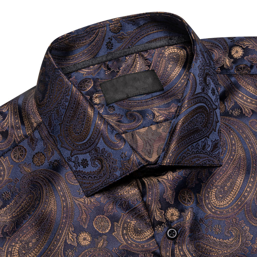 Brown Blue Jacquard Paisley Silk Dress Shirt shirt    - Sophisticated Gentlemen