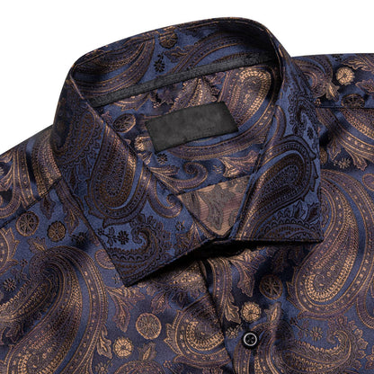 Brown Blue Jacquard Paisley Silk Dress Shirt shirt    - Sophisticated Gentlemen
