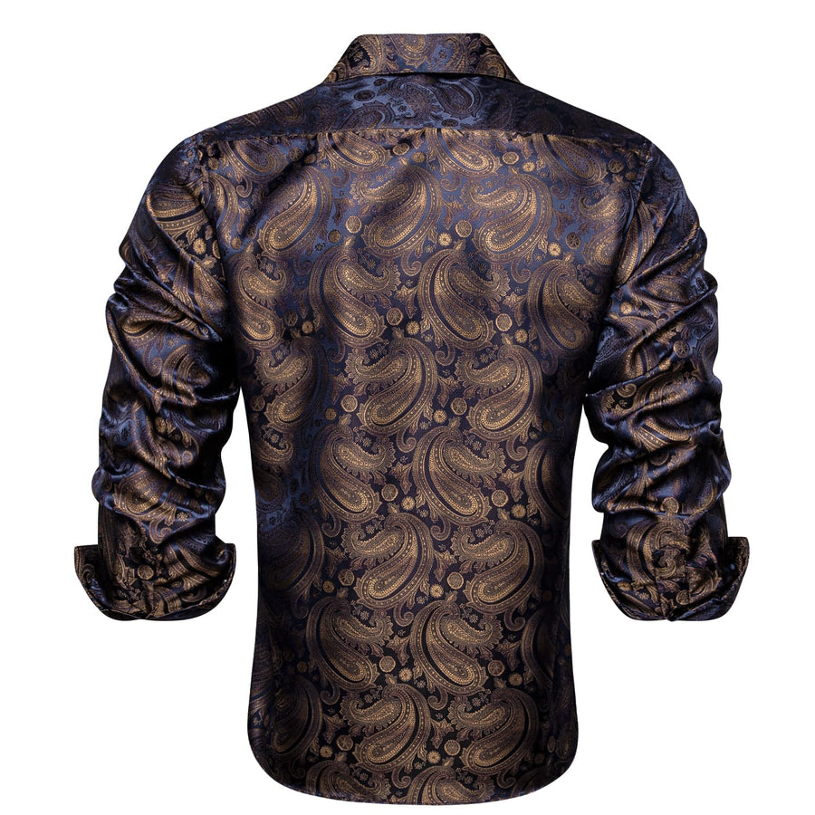 Brown Blue Jacquard Paisley Silk Dress Shirt shirt    - Sophisticated Gentlemen