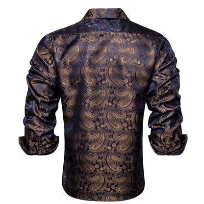 Brown Blue Jacquard Paisley Silk Dress Shirt shirt    - Sophisticated Gentlemen