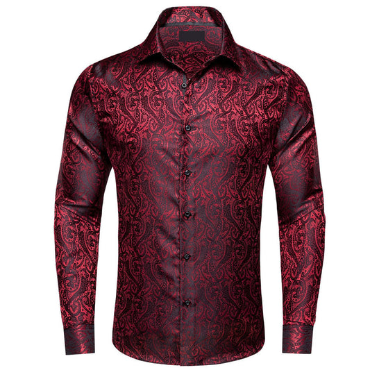 Black Red Jacquard Floral Silk Dress Shirt shirt S   - Sophisticated Gentlemen