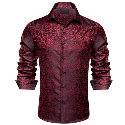 Black Red Jacquard Floral Silk Dress Shirt shirt    - Sophisticated Gentlemen