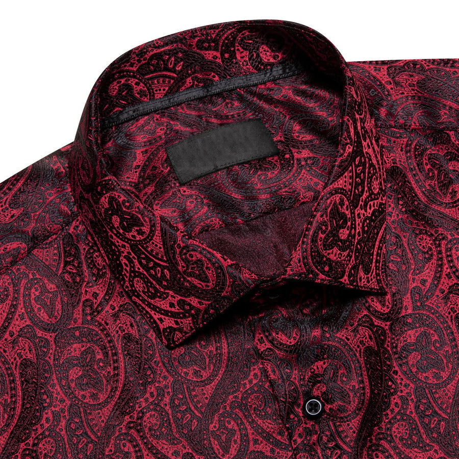 Black Red Jacquard Floral Silk Dress Shirt shirt    - Sophisticated Gentlemen
