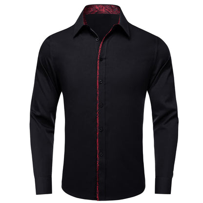 Black Solid Red Splicing Men's Silk Dress Shirt shirt S   - Sophisticated Gentlemen
