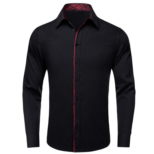 Black Solid Red Splicing Men's Silk Dress Shirt shirt S   - Sophisticated Gentlemen