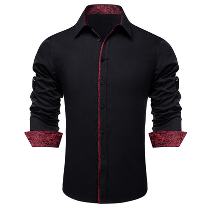 Black Solid Red Splicing Men's Silk Dress Shirt shirt    - Sophisticated Gentlemen