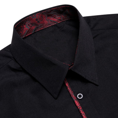 Black Solid Red Splicing Men's Silk Dress Shirt shirt    - Sophisticated Gentlemen