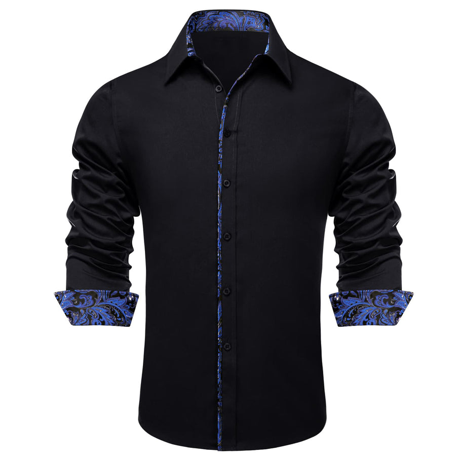 Black Solid Blue Splicing Men's Silk Dress Shirt shirt    - Sophisticated Gentlemen