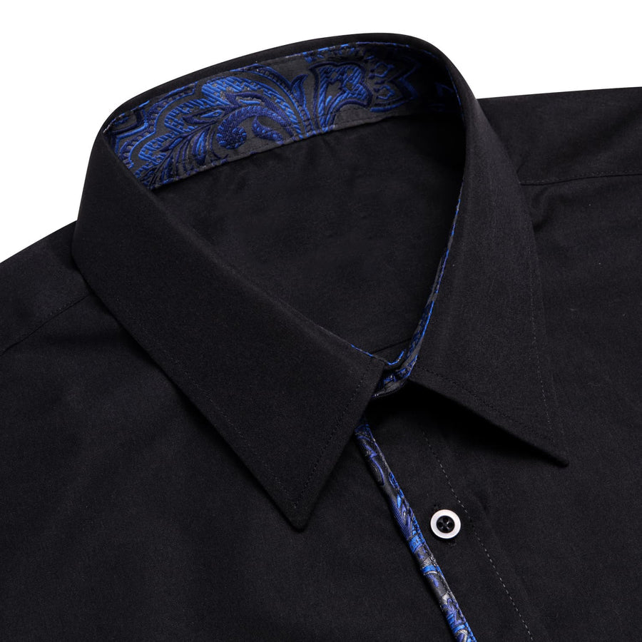 Black Solid Blue Splicing Men's Silk Dress Shirt shirt    - Sophisticated Gentlemen