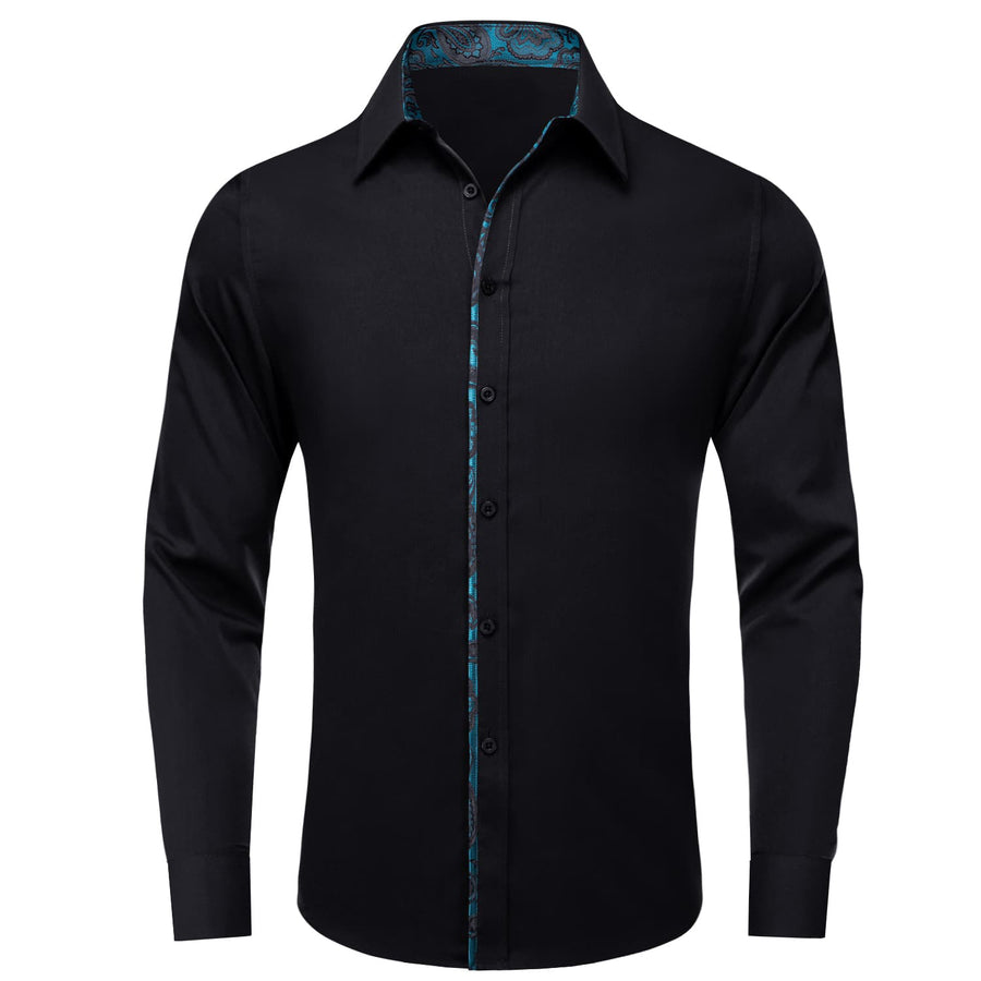 Black Solid Teal Splicing Men's Silk Dress Shirt shirt S   - Sophisticated Gentlemen