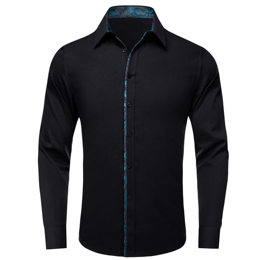 Black Solid Teal Splicing Men's Silk Dress Shirt shirt S   - Sophisticated Gentlemen