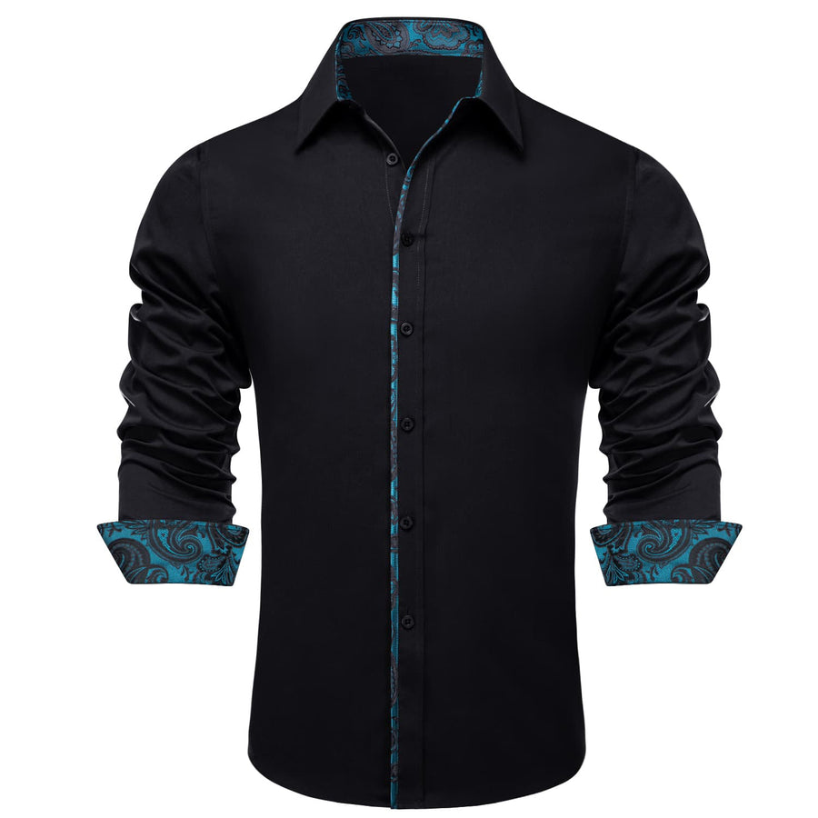 Black Solid Teal Splicing Men's Silk Dress Shirt shirt    - Sophisticated Gentlemen