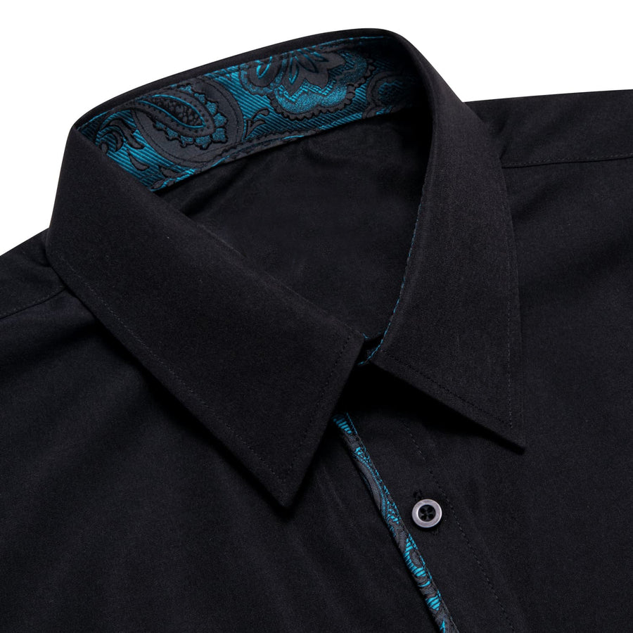 Black Solid Teal Splicing Men's Silk Dress Shirt shirt    - Sophisticated Gentlemen