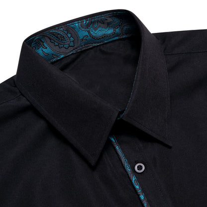 Black Solid Teal Splicing Men's Silk Dress Shirt shirt    - Sophisticated Gentlemen