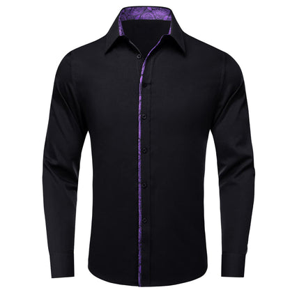Black Solid Purple Splicing Men's Silk Dress Shirt shirt S   - Sophisticated Gentlemen