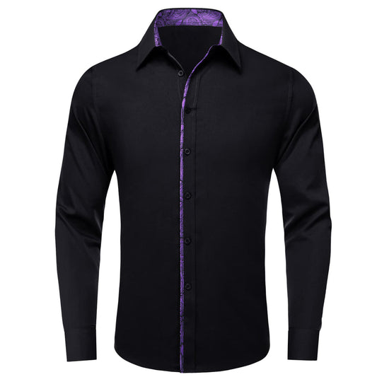 Black Solid Purple Splicing Men's Silk Dress Shirt shirt S   - Sophisticated Gentlemen