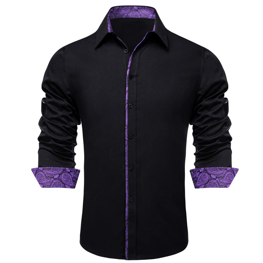 Black Solid Purple Splicing Men's Silk Dress Shirt shirt    - Sophisticated Gentlemen