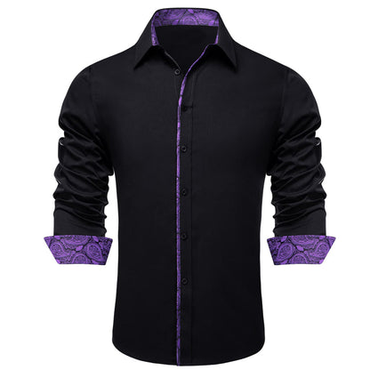 Black Solid Purple Splicing Men's Silk Dress Shirt shirt    - Sophisticated Gentlemen