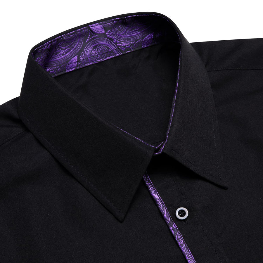 Black Solid Purple Splicing Men's Silk Dress Shirt shirt    - Sophisticated Gentlemen
