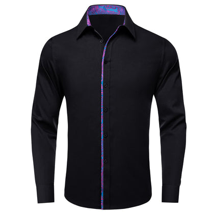Black Solid Purple Blue Splicing Men's Silk Dress Shirt shirt S   - Sophisticated Gentlemen