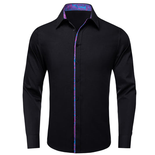 Black Solid Purple Blue Splicing Men's Silk Dress Shirt shirt S   - Sophisticated Gentlemen