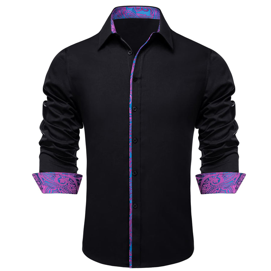 Black Solid Purple Blue Splicing Men's Silk Dress Shirt shirt    - Sophisticated Gentlemen