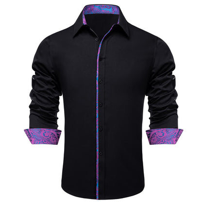 Black Solid Purple Blue Splicing Men's Silk Dress Shirt shirt    - Sophisticated Gentlemen