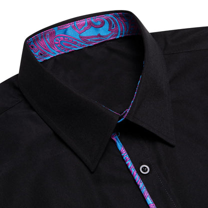 Black Solid Purple Blue Splicing Men's Silk Dress Shirt shirt    - Sophisticated Gentlemen