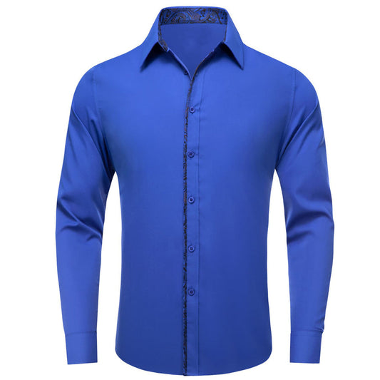 Cobalt Blue Solid Black Splicing Men's Silk Dress Shirt shirt S   - Sophisticated Gentlemen