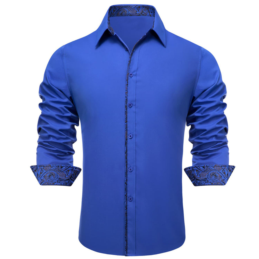 Cobalt Blue Solid Black Splicing Men's Silk Dress Shirt shirt    - Sophisticated Gentlemen