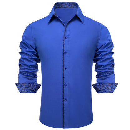 Cobalt Blue Solid Black Splicing Men's Silk Dress Shirt shirt    - Sophisticated Gentlemen