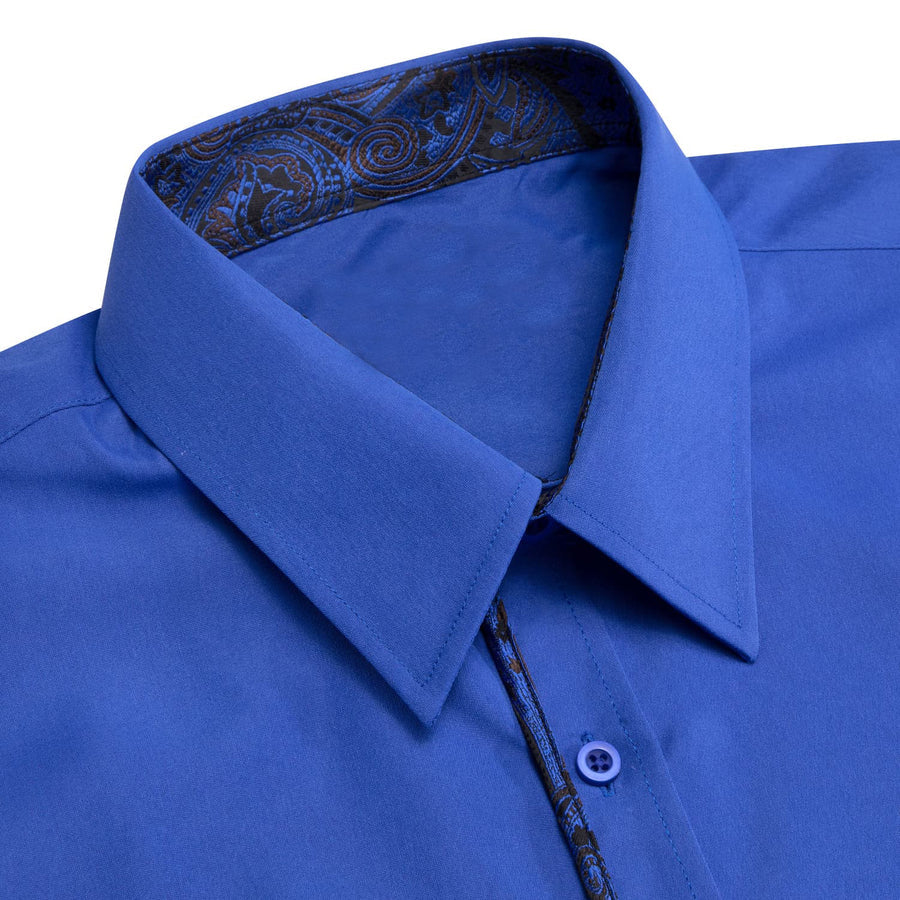 Cobalt Blue Solid Black Splicing Men's Silk Dress Shirt shirt    - Sophisticated Gentlemen
