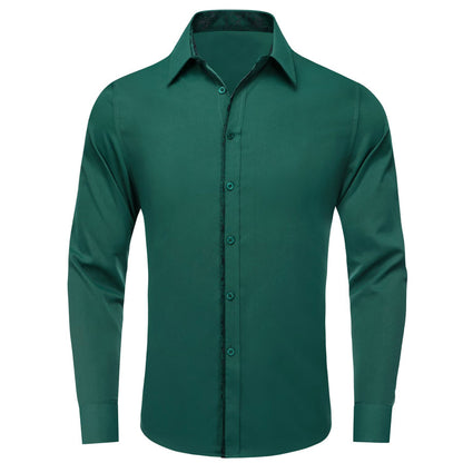 Dark Green Solid Splicing Men's Silk Dress Shirt shirt S   - Sophisticated Gentlemen