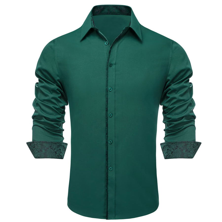 Dark Green Solid Splicing Men's Silk Dress Shirt shirt    - Sophisticated Gentlemen