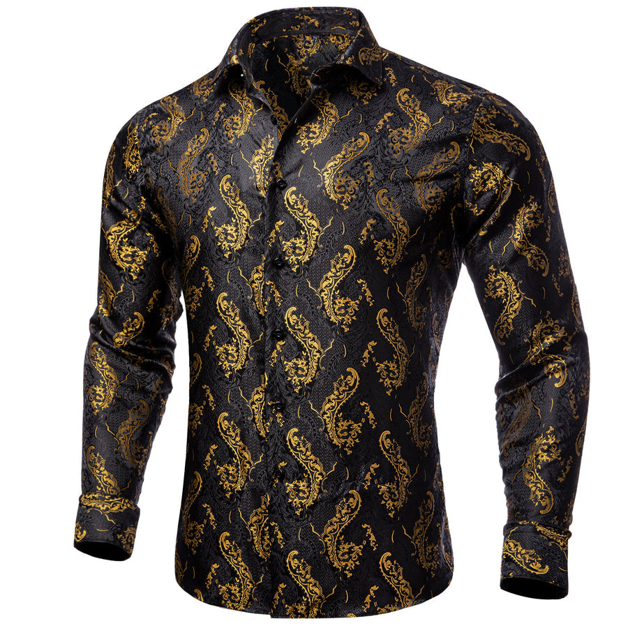 Black and Gold Floral Silk Dress Shirt shirt    - Sophisticated Gentlemen