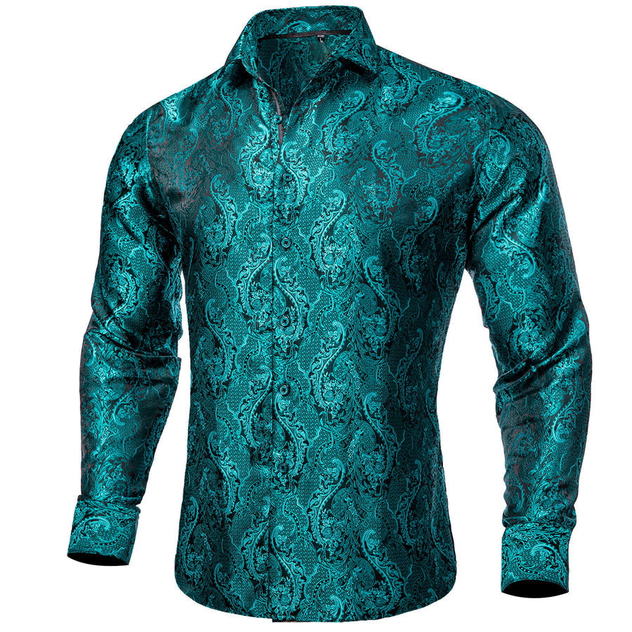 Dark Cyan Floral Silk Dress Shirt shirt S   - Sophisticated Gentlemen